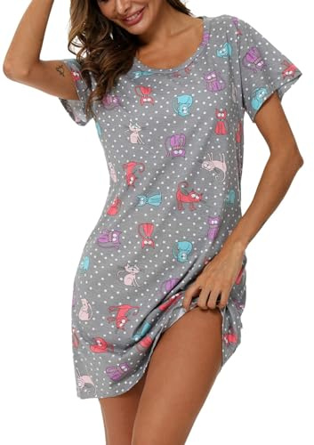 ENJOYNIGHT Camisón de Manga Corta para Mujer Camisones de Algodón Estampado Pijama de Verano (Large,Gato)