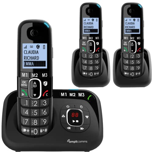 Amplicomms BigTel 1583 Cordless Big Button Phone for Elderly with Answer Machine and 2 Additional Handsets - Loud Phones for Hard of Hearing - Hearing Aid Compatible