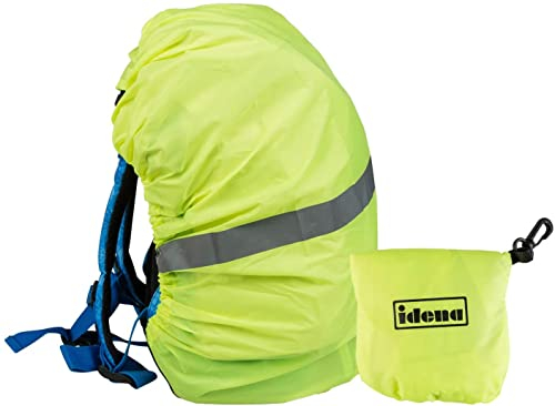 Idena 22077 - Regenschutz-Hülle für Rucksäcke und Schulranzen, Neongelb mit Reflektor-Streifen, Universal-Größe mit Gummizug, wasserabweisend, inkl. Aufbewahrungsbeutel und Karabiner