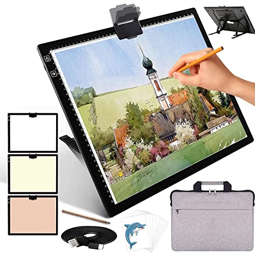 Tablette lumineuse a3 rechargeable avec sac&Support, 3 couleurs dimmables et 6 niveaux de gradation table lumineuse a3 pour le dessin, diamond painting, la peinture, la visualisation aux rayons X