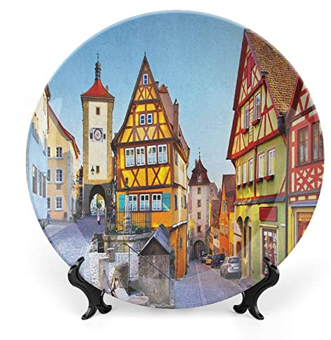XISUNYA 6 Inch Decorative Plate, German Ceramic Stoneware, Germany Famous Street Colorful Classic Houses Print Ceramic Wall Hanging for Home Office Party Dinner Table Decor