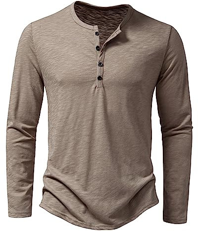 Hemd Herren Henley Shirt Sommerhemd Langarm Freizeithemd Leicht Casual Slim Fit Strand T-Shirt-Z-Khaki-L