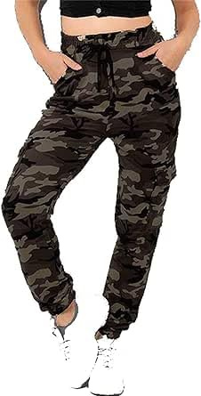 Want Clothing Women's Camouflage Cuffed Double Pocket Cargo Combat Trousers Khaki - Grey - Stone Camo 8 10 12 14 (UK, Alpha, L, XL, Regular, Regular, Khaki)