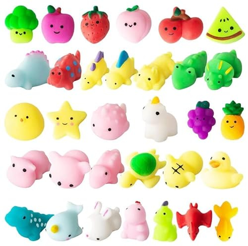 JUAUO 32 Stück Mini Mochi Squishy Set Kawaii Dinosaurier Obst Tier Squeeze Squishies Anti-Stress-Spielzeug Fidget Toy für Jungen und Mädchen Geburtstagsgeschenk Weihnachten Geschenktüten Kinder