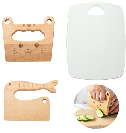 GCFTIFF Cartoon Hölzernes Messer Set, 2 Stück Messer & 1 Stück Schneidebrett, 2 Muster Sicheres Schneidemesser für Kochen Küchenwerkzeuge, für Schneiden von Obst und Gemüse
