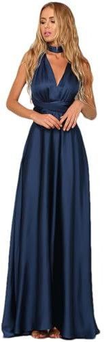 Jamron Femme Elégant Col en V Profond Robe Satin de Soirée Multi Way Robe Portefeuille Robe de Bal Maxi Longue Bleu Marine SN0703227 M