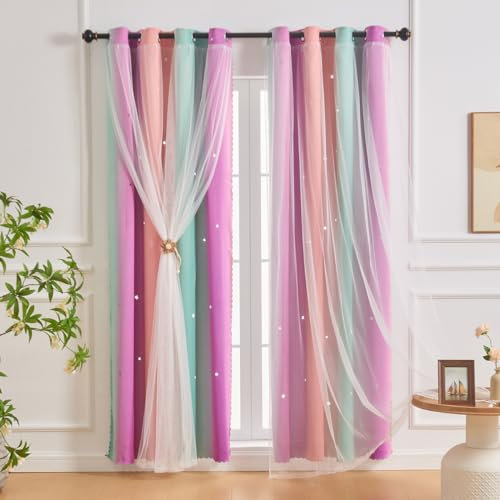SeseBee Rideaux de Chambre à Coucher pour Filles à 2 Panneaux NETMEO, fenêtres de Chambre d'enfant, Rideaux occultants, Forme d'étoile, à œillets (Rose Violet Bleu, 2P×L132×H213 cm)