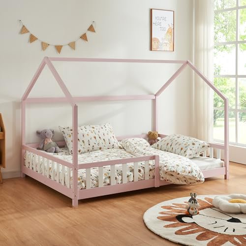 [en.casa] Children's bed Hesel House look Pink 120 x 200 cm with fall-out protection and slatted frame low Pine