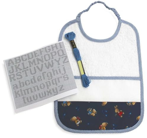Bavaglia da Ricamare a Punto croce + Matassina di Filo da ricamo + Schema Alfabeto, Kit ricamo: 1 Bavetta con Tela Aida, 1 matassina di Filo Mouliné, 1 Schema Ricamo - Fantasia Scoiattoli (08 BLU)