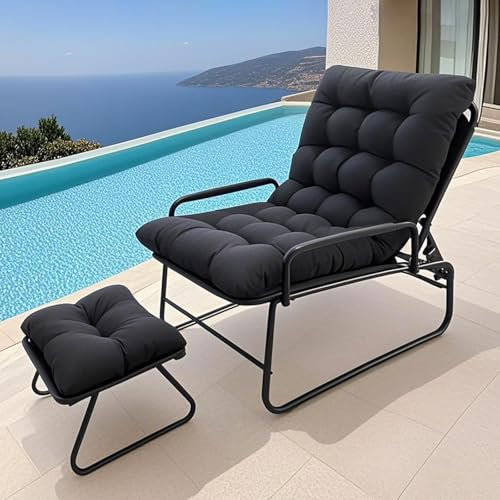 OVLRIJP Loungesessel Outdoor, Balkonsessel Liegestuhl Gartenliege, Relaxsessel Garten mit Hocker, Auflage Abnehmbar, 5-Positionen Liegefunktion, Relaxliege für Garten,Terrasse (Schwarz mit Hocker)