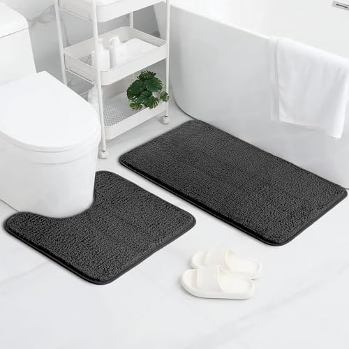 AUAUY 2PCS Juego de Alfombra BañO, Antideslizante Alfombrilla BañO+Alfombrilla de Inodoro, Suave Microfibra Alfombra Ducha, Alfombra de BañO Lavable A MáQuina, Bathroom Mat para BañEra, Ducha