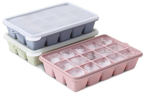 LARLARY Silicone Ice Cube Trays with Lids 3-Pack, 15-Cavity Ice Tray Set for Freezer, Easy-Release BPA-free Ice Cube Mold for Whiskey, Coffee, Cocktails and More (3, Green+Blue+Pink)