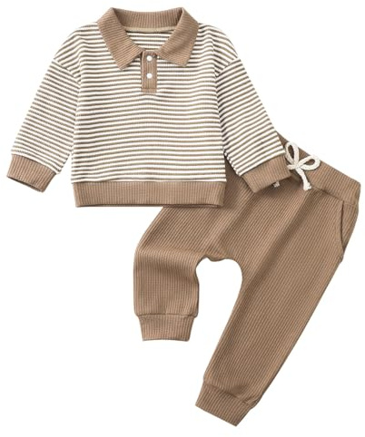 LUVCES Abbigliamento Primavera Bambino Felpa con Colletto Polo a Righe+ Pantaloni con Tasche Tuta Abiti Autunno Inverno Completo Vestiti Strisce marroni 2-3 Anni