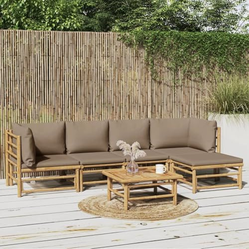 Hemma 6 delar. Trädgårdsloungeset med kudde brungrå bambu, soffa för trädgård, balkongmöbelset, trädgårdsmöbler underhållningsset, sittlounge balkong soffa lounge lämplig för trädgårdar, terrasser