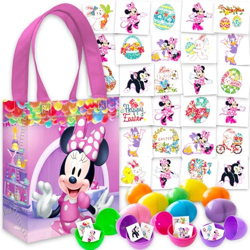 Disney Fournitures de chasse aux œufs de Pâques Minnie Mouse – Lot avec 12 œufs de Pâques en plastique à remplir, 70 tatouages, plus de 45 tatouages de printemps, mini sac panier | Ensemble de chasse
