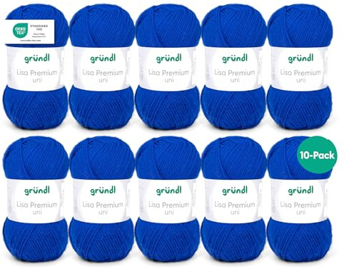 Gründl Wolle Lisa Premium uni - Garn zum Stricken - Strickgarn - Häkelgarn - Weich und hautfreundlich - 100% Polyacryl 10 Knäuel 50 g / 133 m - Nadelstärke 3,5-4,5 - Royalblau