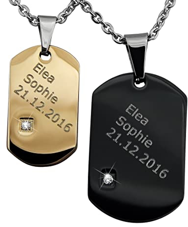 Hanessa Personalisierte Partner-Halsketten mit Gravur – Edelstahl Dog Tag Set in Schwarz und Gold, 2-teiliges Ketten-Set mit Zirkoniastein, Geschenk für Paare, mit Namen oder Datum, zu Weihnachten
