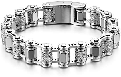 JewelryWe Schmuck Herren Armband Edelstahl Biker Schwer Fahrradkette Motorradkette Armkette Armreif mit Totenkopf Schädel Schließe Geschenk Silber