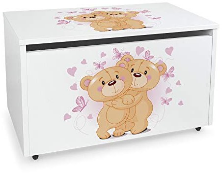 Leomark Coffre de Rangement pour Enfants - Ours amoureux - Organisateur à jouets en bois, Conteneur à jouets, banc réglable, sur roulettes, Dimensions: L 71 x P 40 x H 46 cm