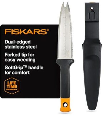 Fiskars Hori Hori Garden Knife with Sheath, Multi-Purpose Heavy Duty Gardening Hand Tool for Weeding, Planting, Digging with Hanging Hole