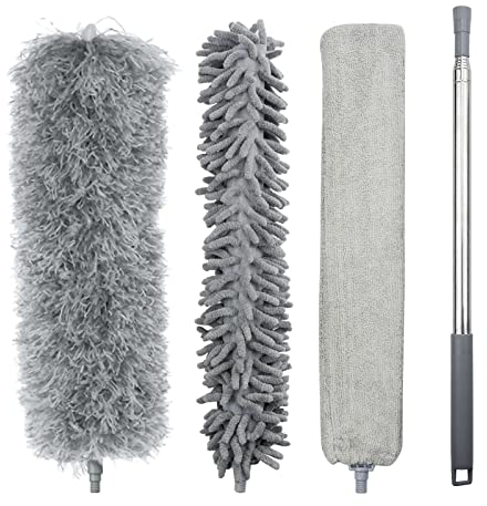 Xiumeso 3 Stück Teleskop-Staubwedel, extra Langer Mikrofaser-Staubwedel 80-275 cm, Edelstahlgriff, saubere Spinnweben, waschbarer Chenille-Staubtuch, ideal für Haus und Auto