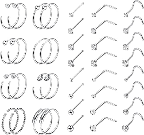 Dochais 40 Stück Nasenstecker L Form, Nasenpiercing Stecker Klein, Nasenstecker Edelstahl, Nasenstecker Silber, Nasenring Piercing Set, Nasenstecker 20g für Frauen Männer