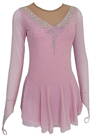 LIUHUO Girls' Ice Figure Skating Dress Stretch Mesh Diamond Hook Sleeves Four Colors Pink