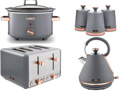 Tower Cavaletto 3KW 1.7L Pyramid Kettle, 4 Slice 1800W Toaster, 3.5L Slow Cooker and Set of 3 Tea, Coffee & Sugar Canisters in Grey & Rose Gold. Contemporary Matching Kitchen Set of 6 Items