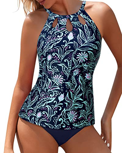 Yonique Two Piece High Neck Tankini Swimsuits for Women Tummy Control Bathing Suits Swimwear Blue Flower XL
