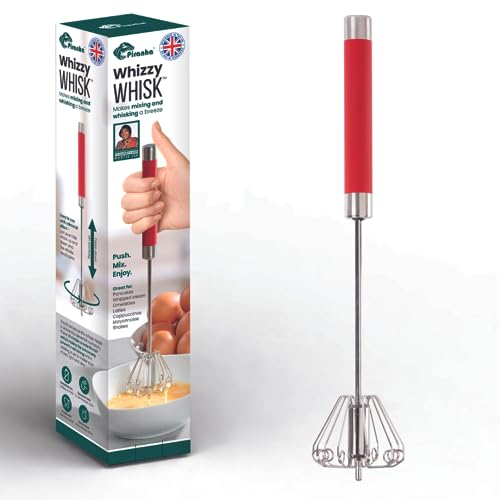 Piranha Whizzy Whisk | Stainless Steel Hand Push Whisk | Semi-Automatic Egg Beater As seen on TV| Portable Baking, Mixing & Whipping Tool | Easy Clean Kitchen Gadget for Effortless Cooking (Red)
