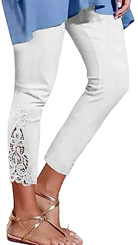 NKPUYT Leggings Damen 3/4 Mit Spitze Yogahose Sommer Capri Leggings Kurze Sporthose High Waist Sportleggins Einfarbig Jogginghose Slim Fit Laufhose Große Größen Freizeithose Elegant Caprihose
