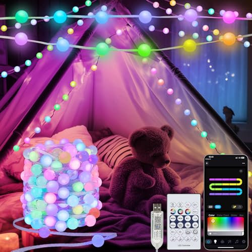 Smart Lichterkette Kugel, 10M RGB integrierter Chip LED Lichterketten mit App und Fernbedienun Musik und Mikrofon Sync für die Garten Party außen Deko