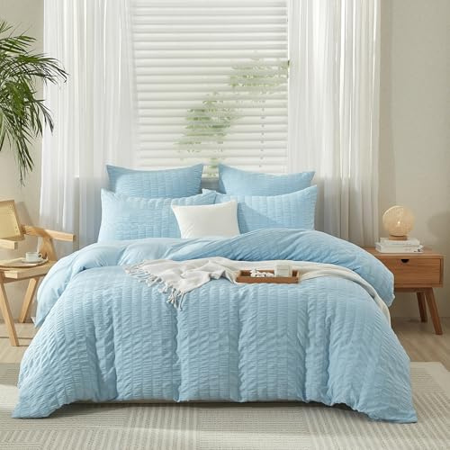 Gezu Seersucker Ropa de cama de 135 x 200 cm, 2 piezas, color azul claro, reversible, diseño a rayas en relieve, ropa de cama cepillada, cómoda y suave, funda nórdica con cremallera y 1 funda de