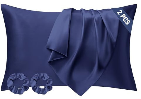 Seiwohl Satin Kissenbezug 40 x 80 2er Set, Weich wie Seidenkissenbezug Silk Pillowcase, Vegane Seide Kopfkissenbezug Kissenhülle Seidenkopfkissen für Haar und Haut mit 2 Haargummis, Dunkelblau