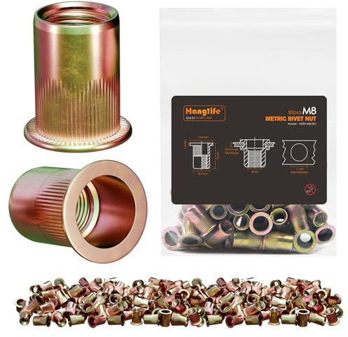 HANGLIFE Tuercas Remachables, M8 Metric Remaches Roscados (50 Piezas) - Inserciones con Cabeza Plana, Galvanizadas, de Acero al Carbono con Cuerpo Estriado, Tuercas Roscas