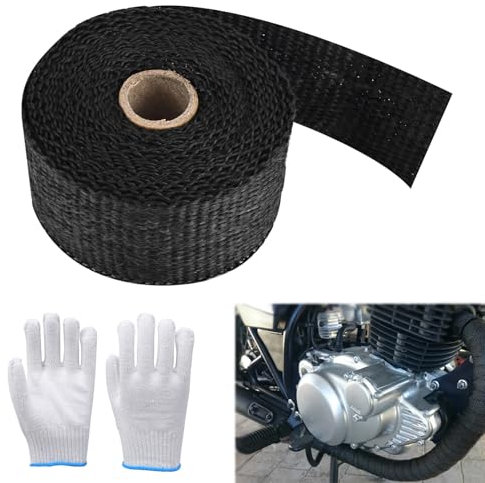 Auspuff Dichtband, Hitzeschutzband Auspuff, Hitzeschutzband Auspuffbandage, Motorrad Hitzeschutzband, mit Handschuhe, für Motorrad Fächerkrümmer Krümmerband Thermoband, Mehrweg, 5M-Schwarz