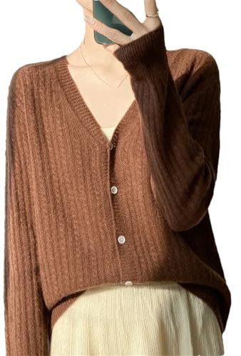Cardigan da donna in 100% lana merino, maglione con scollo a V intrecciato cavo leggero, cioccolato, M