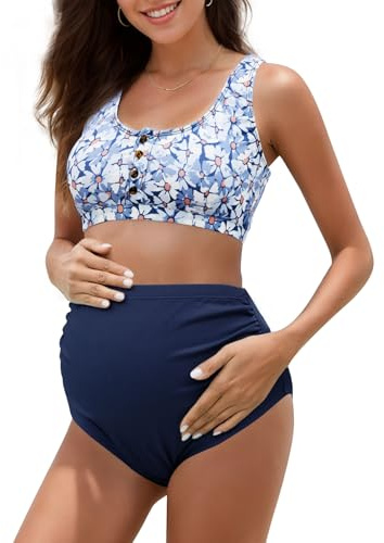 Zando Ribbed High Waist Maternity Swimsuit Two Piece Cute Maternity Bikini Swimwear Maternity Swimsuits for Women Pregnancy Bathing Suits Two Piece with Tank Top & High Waist Bottom Blue Medium