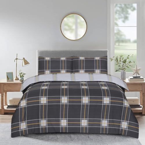 PRIME LINENS Duvet Cover Set 4 Pcs Brushed Microfibre Quilt Cover Bedding Set With Pillow Cases and Extra Fitted Sheet Included (Plaid Check Grey, King)