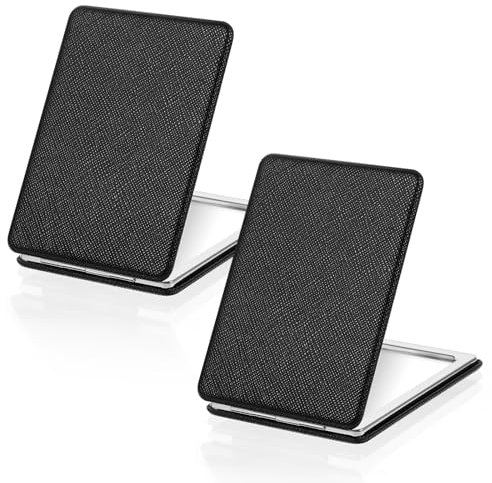 Xinjoduz 2 PCS Small Compact Pocket Mirror for Purse with Leather Cover, Portable 1x/2x Travel Magnifying Foldable Rectangular Handheld Tiny Mirror for Makeup Women and Men (3.4×2.4 Inch, Black)