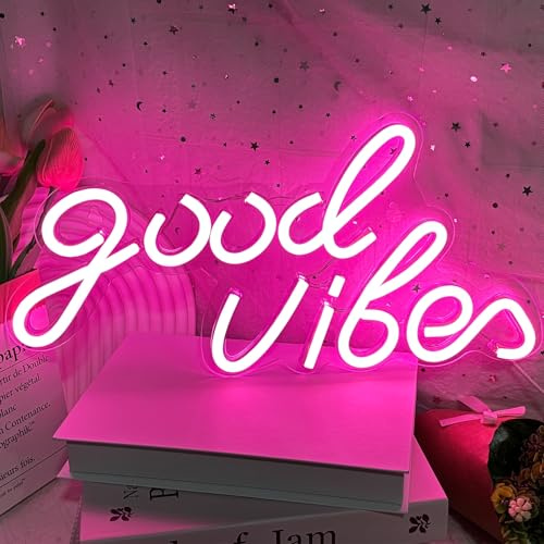 Good Vibes Rosa Lysande Neon LED Skylt för Väggdekoration | USB-matning Neonskylt Dekoration för Sovrum Fest Bröllop 40 x 24 cm
