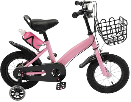 Bicicleta infantil de 12 pulgadas con ruedas estabilizadoras, soporte para vasos, cesta para bicicleta de pedal, ruedas estabilizadoras y niños, para asiento ajustable en altura, 2-5 años