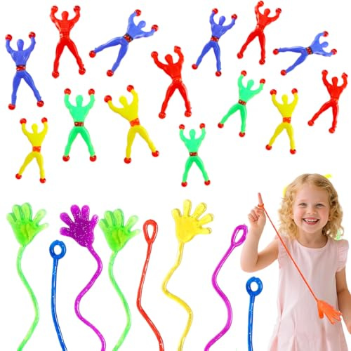 KIRZAX Klatschhand Kinder,15 STÜCK Glibberhand Mitgebsel + 15 STÜCK Fensterkletterer Ninja, Mehrfarbig Klebrige Wand Kletterer Rolling Männer,Bunte Giveaway,Für Den Kindergeburtstag(Zufällige Farbe)