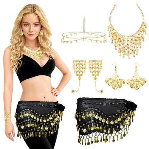 Baisdan 7 Pezzi Cintura di Danza del Ventre Donna Set, con Monete d'oro Orecchini, Collana, Braccialetti, Copricapo, Sciarpa Danza del Ventre per Halloween, Carnevale, Spettacoli Nero