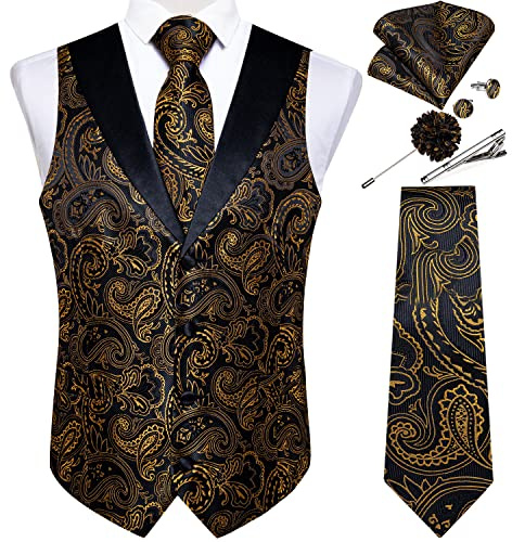 DiBanGu Paisley Waistcoats for Men Silk Jacquard Shawl Collar Dress Vest and Tie Pocket Square Set for Formal Wedding Prom,Black and Gold,3X-Large