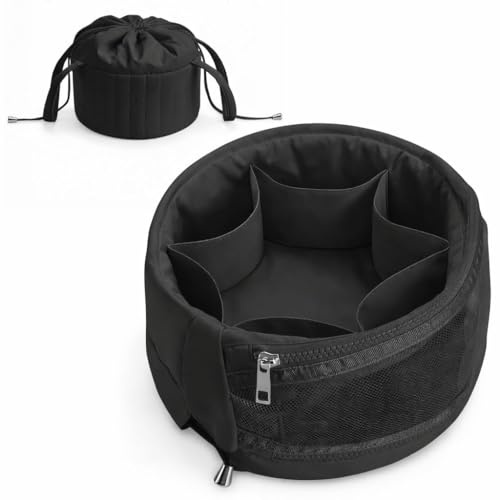 Vavabox Lay Flat Drawstring Makeup Bag, Large Travel Toiletry Bag for Women, Puffer Bag with Zipper, Quilted Cosmetic Case for Essentials Organization & Travel, Gift (Black)