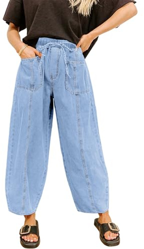 Sidefeel Womens Baggy Wide Leg Jeans Elastic Waist Drawstring Front Seam Ankle High Waisted Barrel Jeans Iceland Blue Size 12