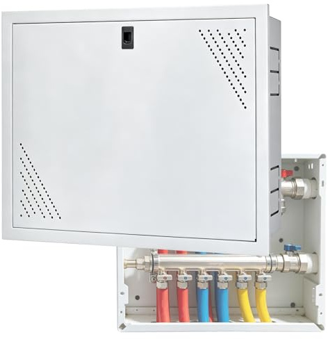 Dolt fördelningsskåp, golvvärme, fördelningsbox, värmekrets, 5–6 anslutningar eller 3–4 värmekretsar, ventilationsventil, kulkran, installation värmefördelningsskåp, väggmontering, stålplåt, 50 x 45 x