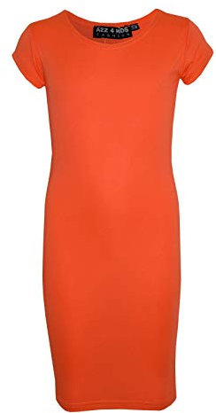 A2Z 4 Kids Bodycon Midi Dress Short Sleeve Long Length Plain Dresses - New Midi Dress Neon Orange 11-12