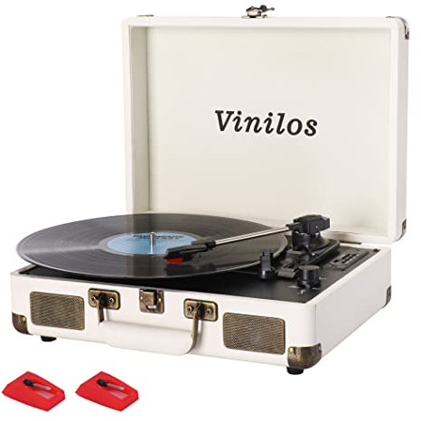 Giradischi per vinile con altoparlanti integrati uscita Bluetooth, 3 velocità con cinghia azionata a cinghia giradischi retrò, portatile vintage mini valigia LP Player registrazione USB, include 2